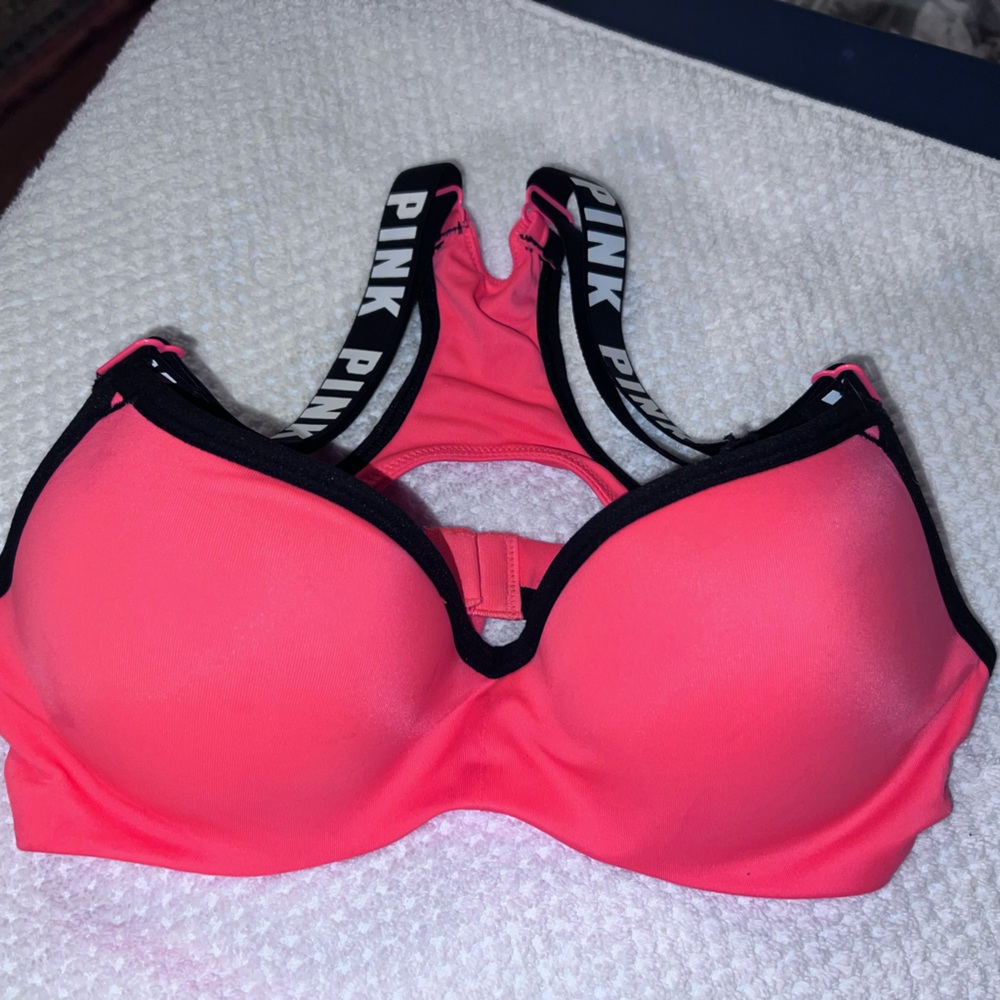 Victoria’s Secret Pink XS sports bra, orange, pink, and black